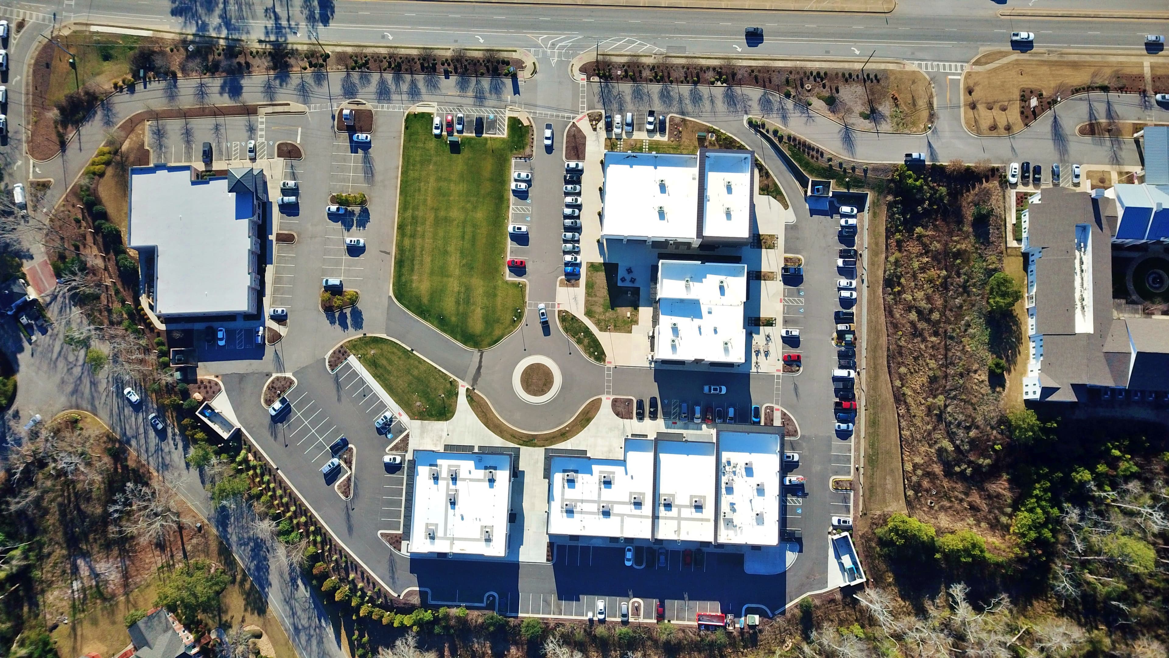 Drone image showing commercial property layout and access