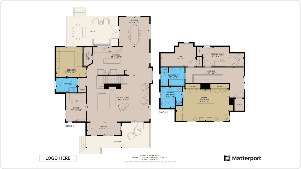Matterport colored schematic floor plan showing two levels, room labels, measurements, furniture, and the Matterport mark